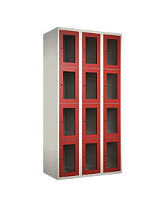 Metalen locker met 12 vakken en plexiglas deuren - H.180 x B.90 cm Wit (RAL9010) Rood (RAL3000)