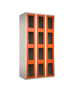 Metalen locker met 12 vakken en plexiglas deuren - H.180 x B.90 cm Wit (RAL9010) Oranje (RAL2004)