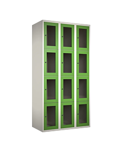 Metalen locker met 12 vakken en plexiglas deuren - H.180 x B.90 cm Wit (RAL9010) Groen (RAL6018)