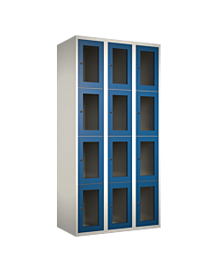 Metalen locker met 12 vakken en plexiglas deuren - H.180 x B.90 cm Wit (RAL9010) Blauw (RAL5010)