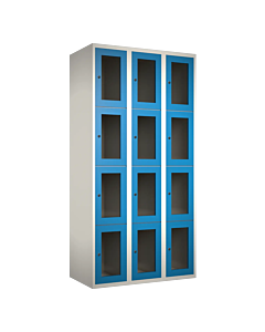 Metalen locker met 12 vakken en plexiglas deuren - H.180 x B.90 cm Wit (RAL9010) Lichtblauw (RAL5015)