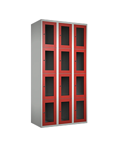 Metalen locker met 12 vakken en plexiglas deuren - H.180 x B.90 cm Lichtgrijs (RAL7035) Rood (RAL3000)