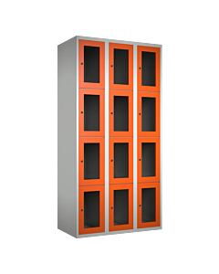 Metalen locker met 12 vakken en plexiglas deuren - H.180 x B.90 cm Lichtgrijs (RAL7035) Oranje (RAL2004)
