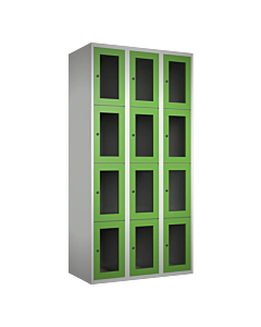 Metalen locker met 12 vakken en plexiglas deuren - H.180 x B.90 cm Lichtgrijs (RAL7035) Groen (RAL6018)