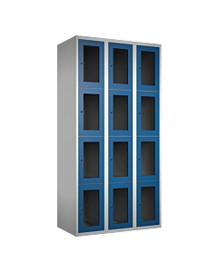 Metalen locker met 12 vakken en plexiglas deuren - H.180 x B.90 cm Lichtgrijs (RAL7035) Blauw (RAL5010)