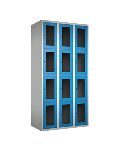 Metalen locker met 12 vakken en plexiglas deuren - H.180 x B.90 cm Lichtgrijs (RAL7035) Lichtblauw (RAL5015)