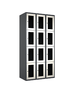 Metalen locker met 12 vakken en plexiglas deuren - H.180 x B.90 cm Antraciet (RAL7024) Wit (RAL9010)