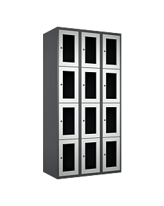 Metalen locker met 12 vakken en plexiglas deuren - H.180 x B.90 cm Antraciet (RAL7024) Lichtgrijs (RAL7035)