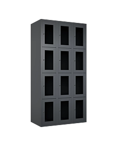 Metalen locker met 12 vakken en plexiglas deuren - H.180 x B.90 cm Antraciet (RAL7024) Antraciet (RAL7024)