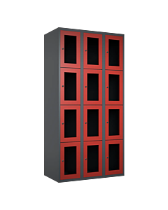 Metalen locker met 12 vakken en plexiglas deuren - H.180 x B.90 cm Antraciet (RAL7024) Rood (RAL3000)
