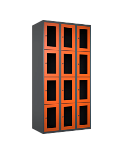 Metalen locker met 12 vakken en plexiglas deuren - H.180 x B.90 cm Antraciet (RAL7024) Oranje (RAL2004)