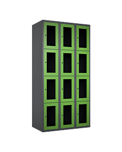 Metalen locker met 12 vakken en plexiglas deuren - H.180 x B.90 cm Antraciet (RAL7024) Groen (RAL6018)