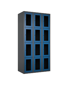 Metalen locker met 12 vakken en plexiglas deuren - H.180 x B.90 cm Antraciet (RAL7024) Blauw (RAL5010)