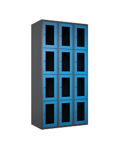 Metalen locker met 12 vakken en plexiglas deuren - H.180 x B.90 cm Antraciet (RAL7024) Lichtblauw (RAL5015)