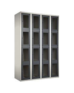 Metalen locker met 16 vakken en plexiglas deuren - H.180 x B.120 cm Wit (RAL9010) Antraciet (RAL7024)