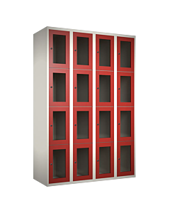 Metalen locker met 16 vakken en plexiglas deuren - H.180 x B.120 cm Wit (RAL9010) Rood (RAL3000)