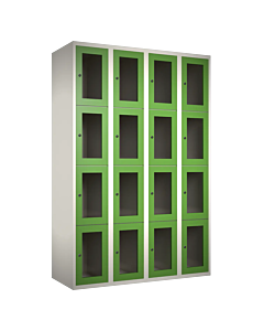 Metalen locker met 16 vakken en plexiglas deuren - H.180 x B.120 cm Wit (RAL9010) Groen (RAL6018)