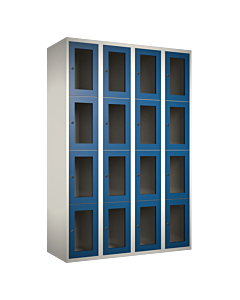 Metalen locker met 16 vakken en plexiglas deuren - H.180 x B.120 cm Wit (RAL9010) Blauw (RAL5010)