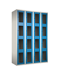 Metalen locker met 16 vakken en plexiglas deuren - H.180 x B.120 cm Wit (RAL9010) Lichtblauw (RAL5015)