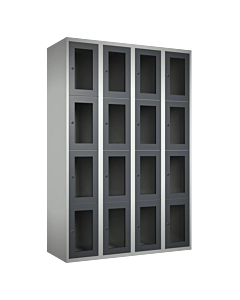 Metalen locker met 16 vakken en plexiglas deuren - H.180 x B.120 cm Lichtgrijs (RAL7035) Antraciet (RAL7024)