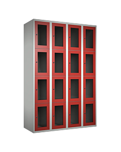 Metalen locker met 16 vakken en plexiglas deuren - H.180 x B.120 cm Lichtgrijs (RAL7035) Rood (RAL3000)