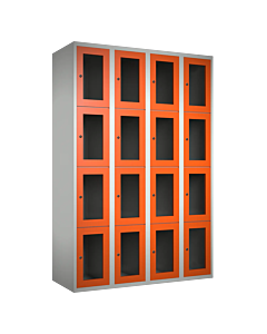 Metalen locker met 16 vakken en plexiglas deuren - H.180 x B.120 cm Lichtgrijs (RAL7035) Oranje (RAL2004)