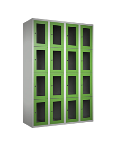 Metalen locker met 16 vakken en plexiglas deuren - H.180 x B.120 cm Lichtgrijs (RAL7035) Groen (RAL6018)