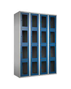 Metalen locker met 16 vakken en plexiglas deuren - H.180 x B.120 cm Lichtgrijs (RAL7035) Blauw (RAL5010)