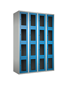 Metalen locker met 16 vakken en plexiglas deuren - H.180 x B.120 cm Lichtgrijs (RAL7035) Lichtblauw (RAL5015)