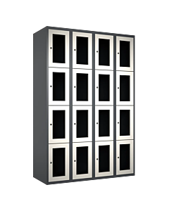 Metalen locker met 16 vakken en plexiglas deuren - H.180 x B.120 cm Antraciet (RAL7024) Wit (RAL9010)