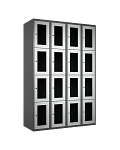 Metalen locker met 16 vakken en plexiglas deuren - H.180 x B.120 cm Antraciet (RAL7024) Lichtgrijs (RAL7035)