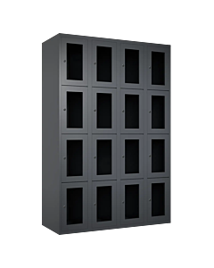 Metalen locker met 16 vakken en plexiglas deuren - H.180 x B.120 cm Antraciet (RAL7024) Antraciet (RAL7024)