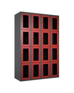 Metalen locker met 16 vakken en plexiglas deuren - H.180 x B.120 cm Antraciet (RAL7024) Rood (RAL3000)