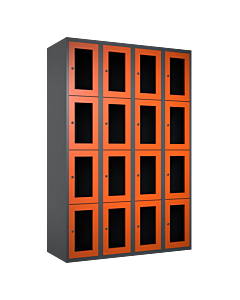 Metalen locker met 16 vakken en plexiglas deuren - H.180 x B.120 cm Antraciet (RAL7024) Oranje (RAL2004)