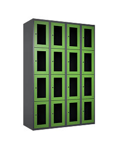 Metalen locker met 16 vakken en plexiglas deuren - H.180 x B.120 cm Antraciet (RAL7024) Groen (RAL6018)