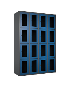 Metalen locker met 16 vakken en plexiglas deuren - H.180 x B.120 cm Antraciet (RAL7024) Blauw (RAL5010)