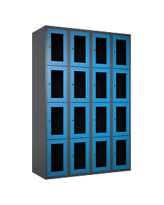 Metalen locker met 16 vakken en plexiglas deuren - H.180 x B.120 cm Antraciet (RAL7024) Lichtblauw (RAL5015)