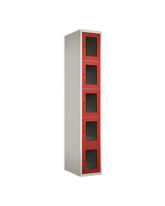 Metalen locker met 5 vakken en plexiglas deuren - H.180 x B.30 cm Wit (RAL9010) Rood (RAL3000)