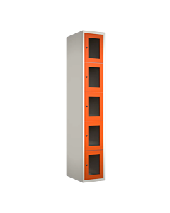 Metalen locker met 5 vakken en plexiglas deuren - H.180 x B.30 cm Wit (RAL9010) Oranje (RAL2004)