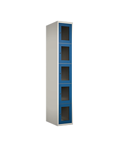 Metalen locker met 5 vakken en plexiglas deuren - H.180 x B.30 cm Wit (RAL9010) Blauw (RAL5010)