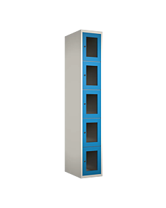 Metalen locker met 5 vakken en plexiglas deuren - H.180 x B.30 cm Wit (RAL9010) Lichtblauw (RAL5015)