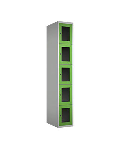 Metalen locker met 5 vakken en plexiglas deuren - H.180 x B.30 cm Lichtgrijs (RAL7035) Groen (RAL6018)