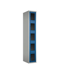 Metalen locker met 5 vakken en plexiglas deuren - H.180 x B.30 cm Lichtgrijs (RAL7035) Blauw (RAL5010)
