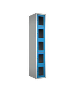 Metalen locker met 5 vakken en plexiglas deuren - H.180 x B.30 cm Lichtgrijs (RAL7035) Lichtblauw (RAL5015)
