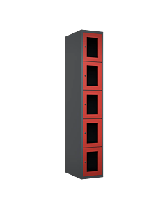 Metalen locker met 5 vakken en plexiglas deuren - H.180 x B.30 cm Antraciet (RAL7024) Rood (RAL3000)