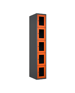 Metalen locker met 5 vakken en plexiglas deuren - H.180 x B.30 cm Antraciet (RAL7024) Oranje (RAL2004)
