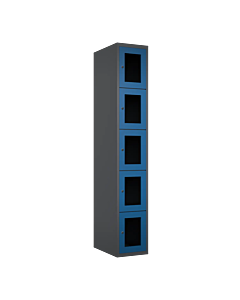 Metalen locker met 5 vakken en plexiglas deuren - H.180 x B.30 cm Antraciet (RAL7024) Blauw (RAL5010)
