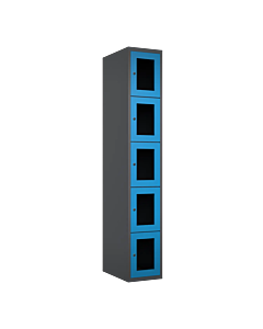 Metalen locker met 5 vakken en plexiglas deuren - H.180 x B.30 cm Antraciet (RAL7024) Lichtblauw (RAL5015)