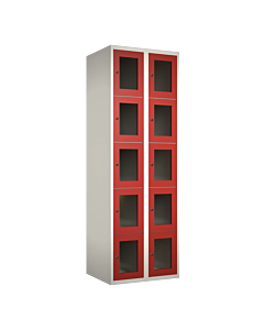 Metalen locker met 10 vakken en plexiglas deuren - H.180 x B.60 cm Wit (RAL9010) Rood (RAL3000)