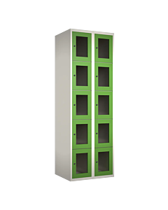 Metalen locker met 10 vakken en plexiglas deuren - H.180 x B.60 cm Wit (RAL9010) Groen (RAL6018)